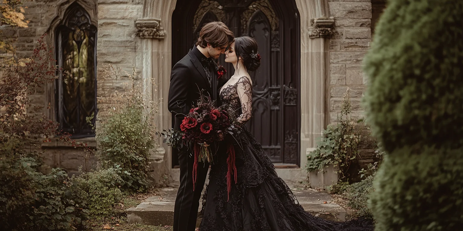 Gothic bride and groom taking wedding photos outside church