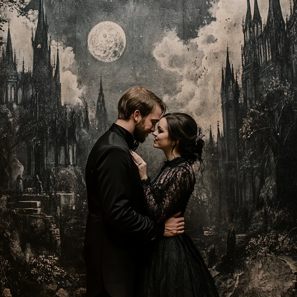 Gothic couple having photo taken with a gothic backdrop