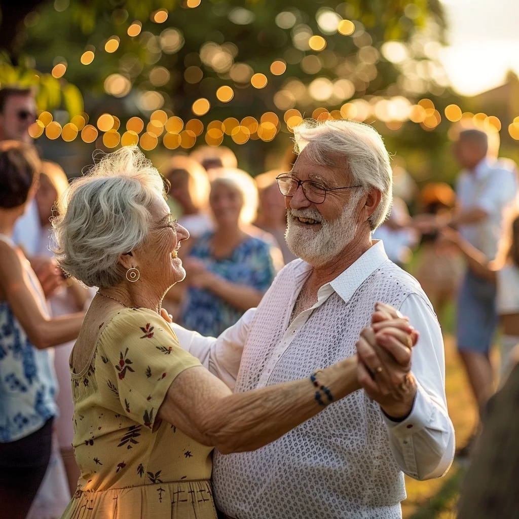 Happy old couple dancing softly at a country garden party