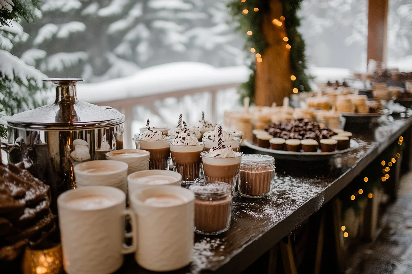 Hot chocolate station at a winter wedding