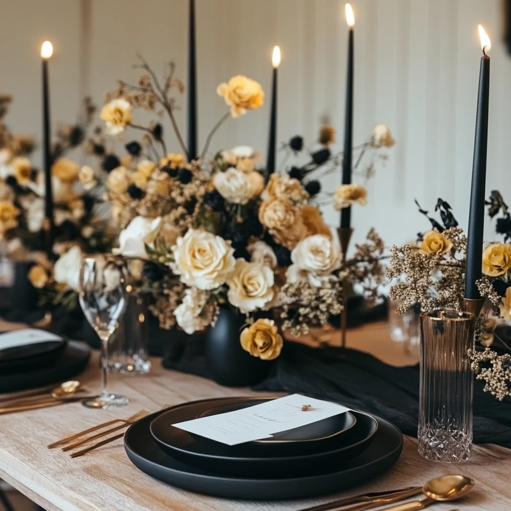 Minimalist black and gold wedding table decor
