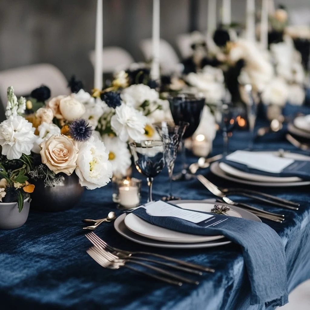 Rustic navy blue decorated wedding table decor with floral decorations
