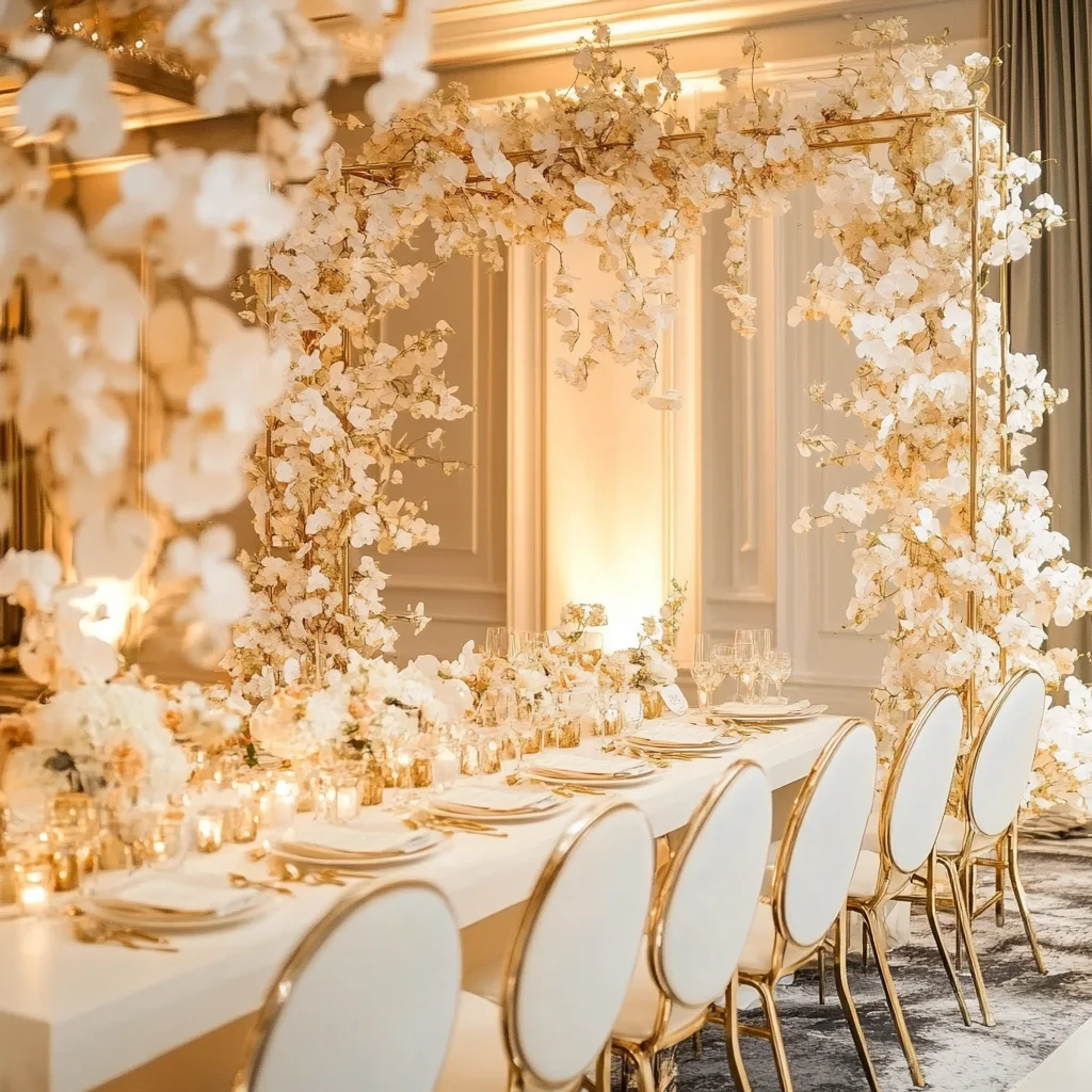 White and gold theme wedding table with floral decorations