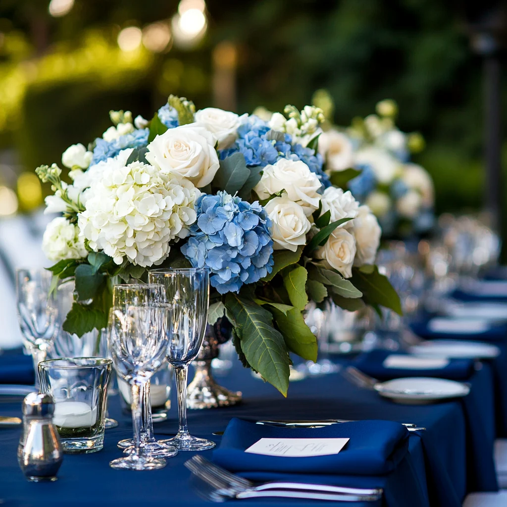 Floral centrepiece with white roses and blue hydrangeas