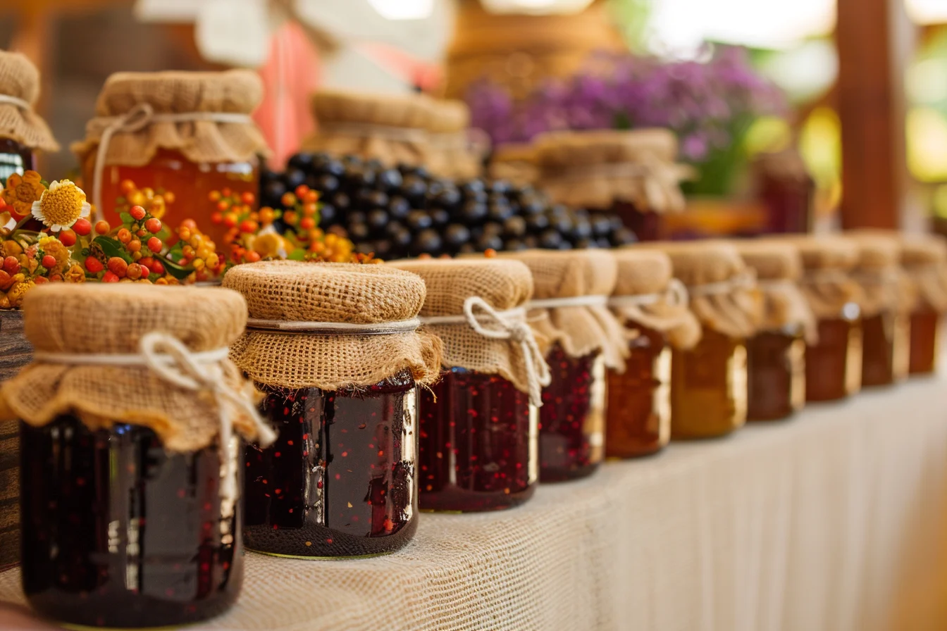 Table with small jars of homemade jam