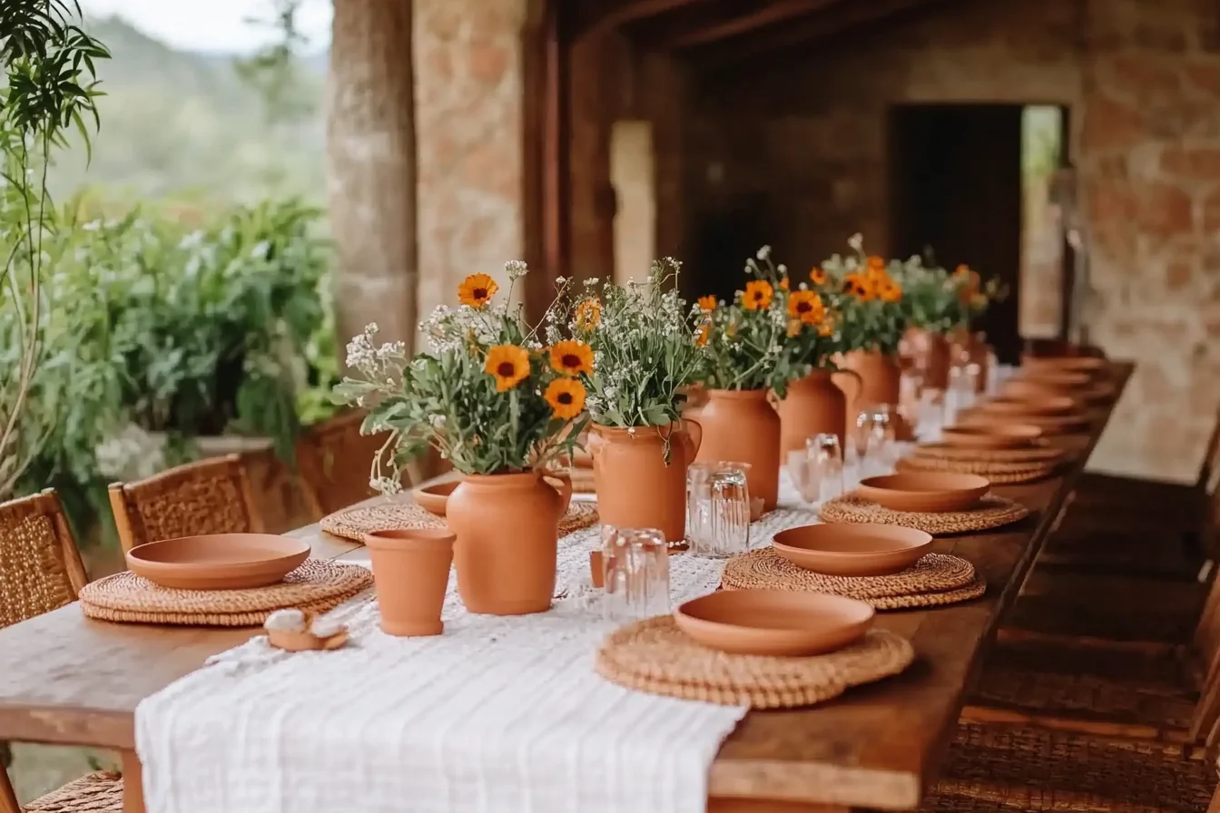 Elegant rustic terracotta themed wedding table decor