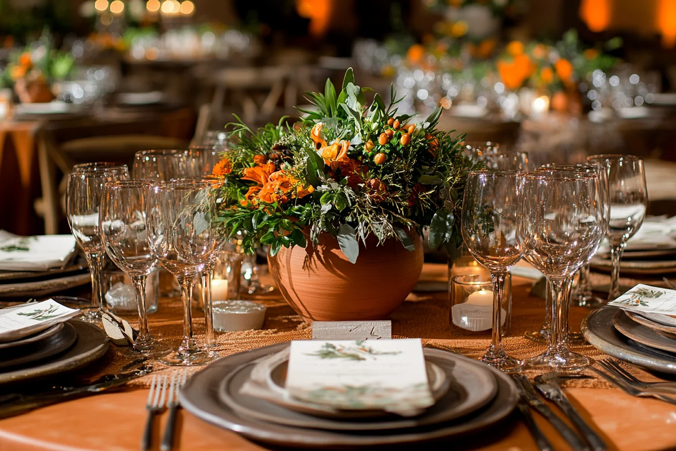 Terracotta wedding table decorated with a terracotta pot floral feature
