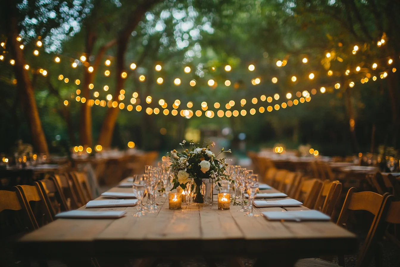 Rustic wooden table outside with string lights above