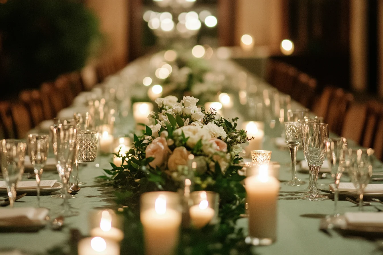 Elegant sage green long table at a wedding