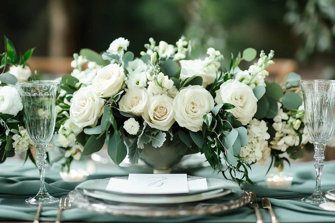 Floral display on a sage green wedding table 