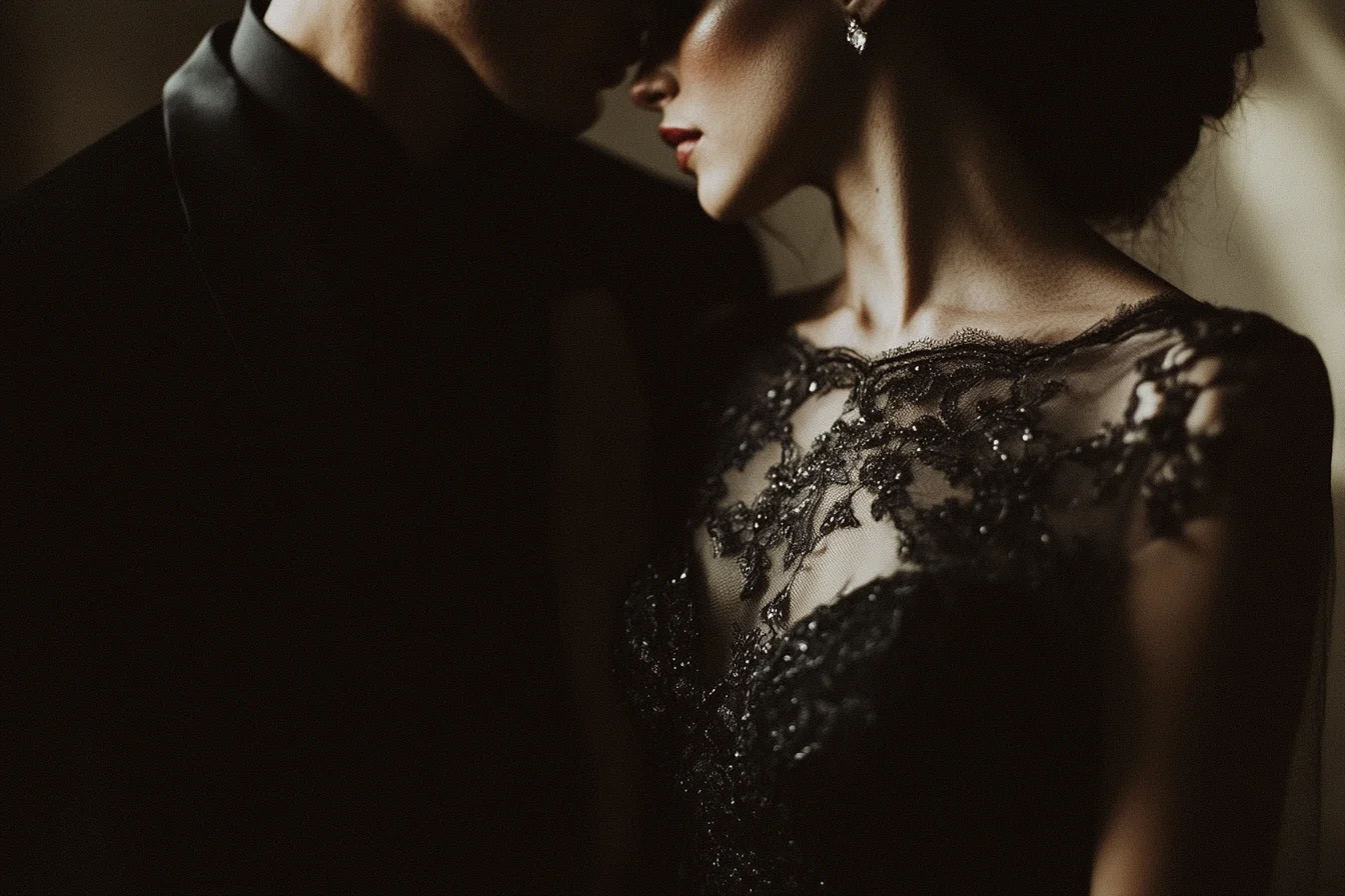 Up close gothic wedding couple photo