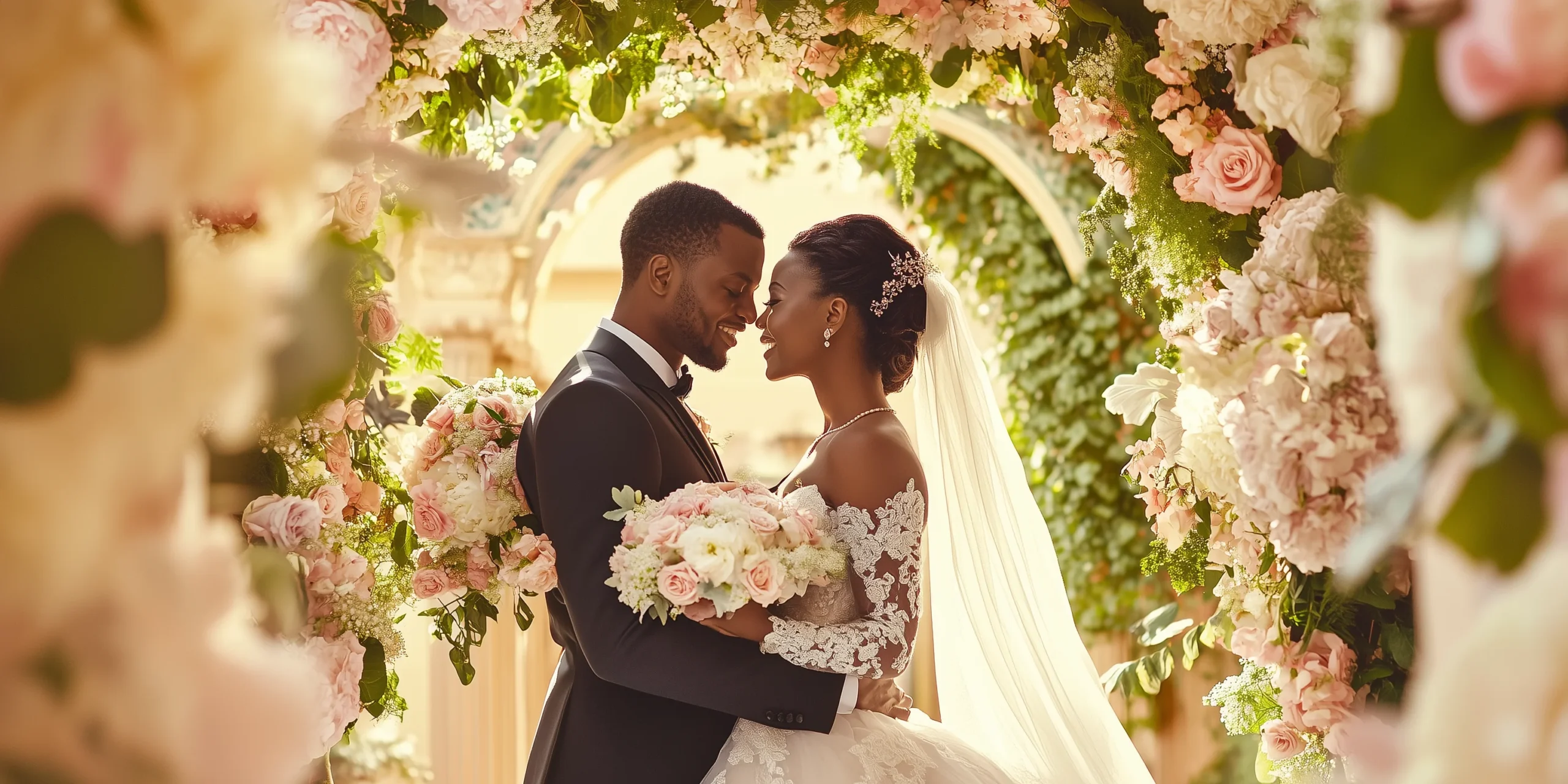 Elegant couple taking wedding photos under a floral arch
