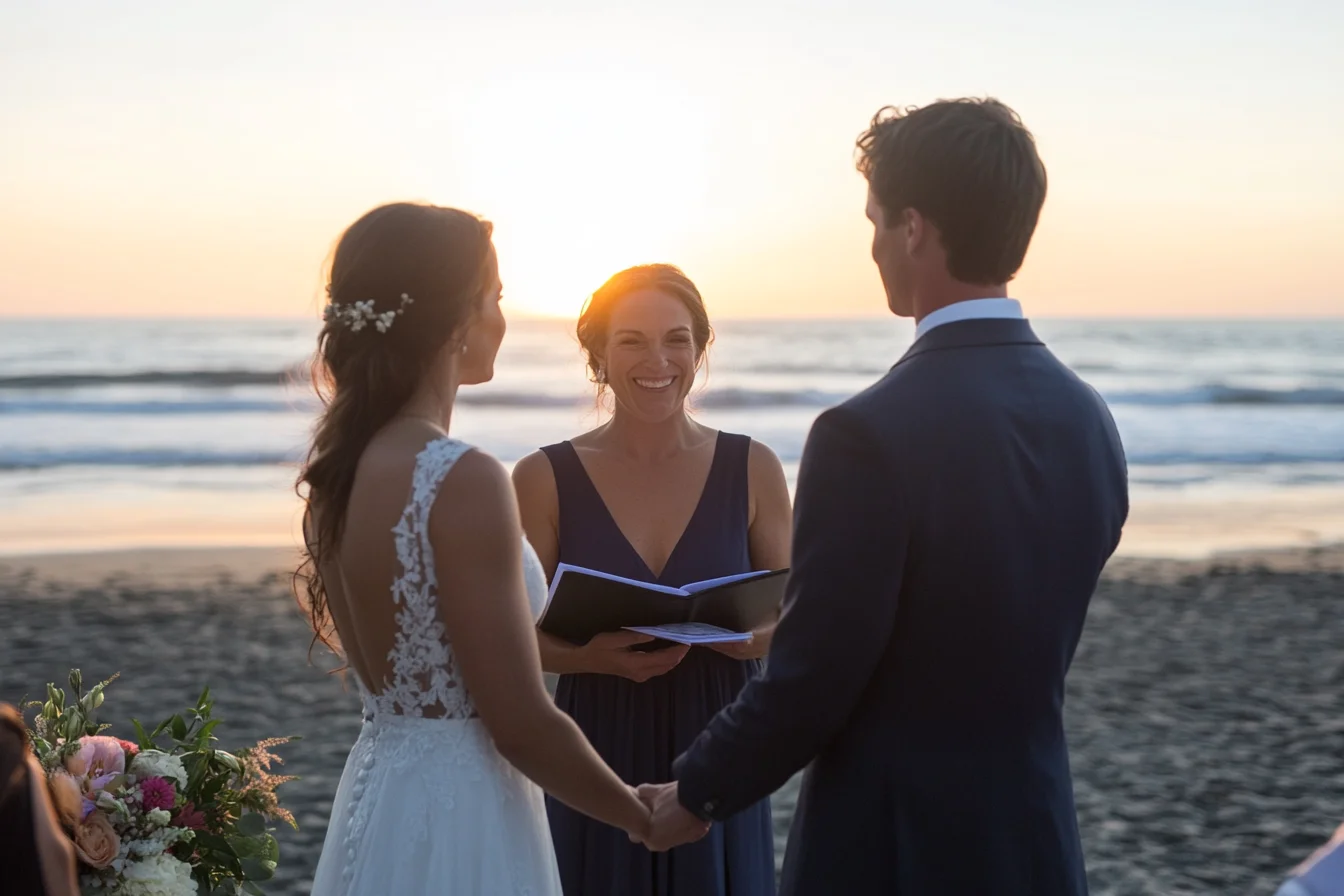 Wedding couple saying sunset vows at a beach wedding