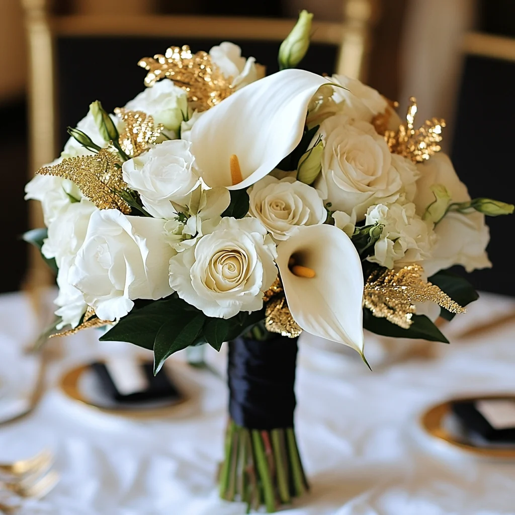 Floral bouquet accented with gold-sprayed foliage