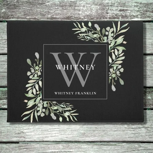 Personalized Gray Monogram Greenery Floral Black Doormat