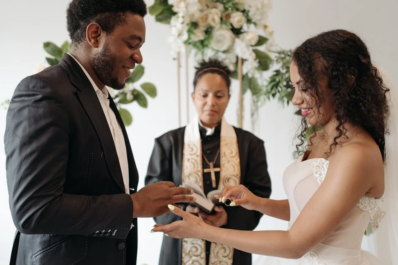 Bride and groom exchanging wedding rings