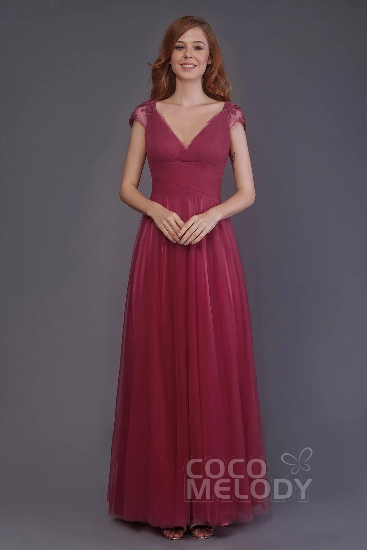 Cocomelody Sheath-Column Floor Length Tulle Bridesmaid Dress