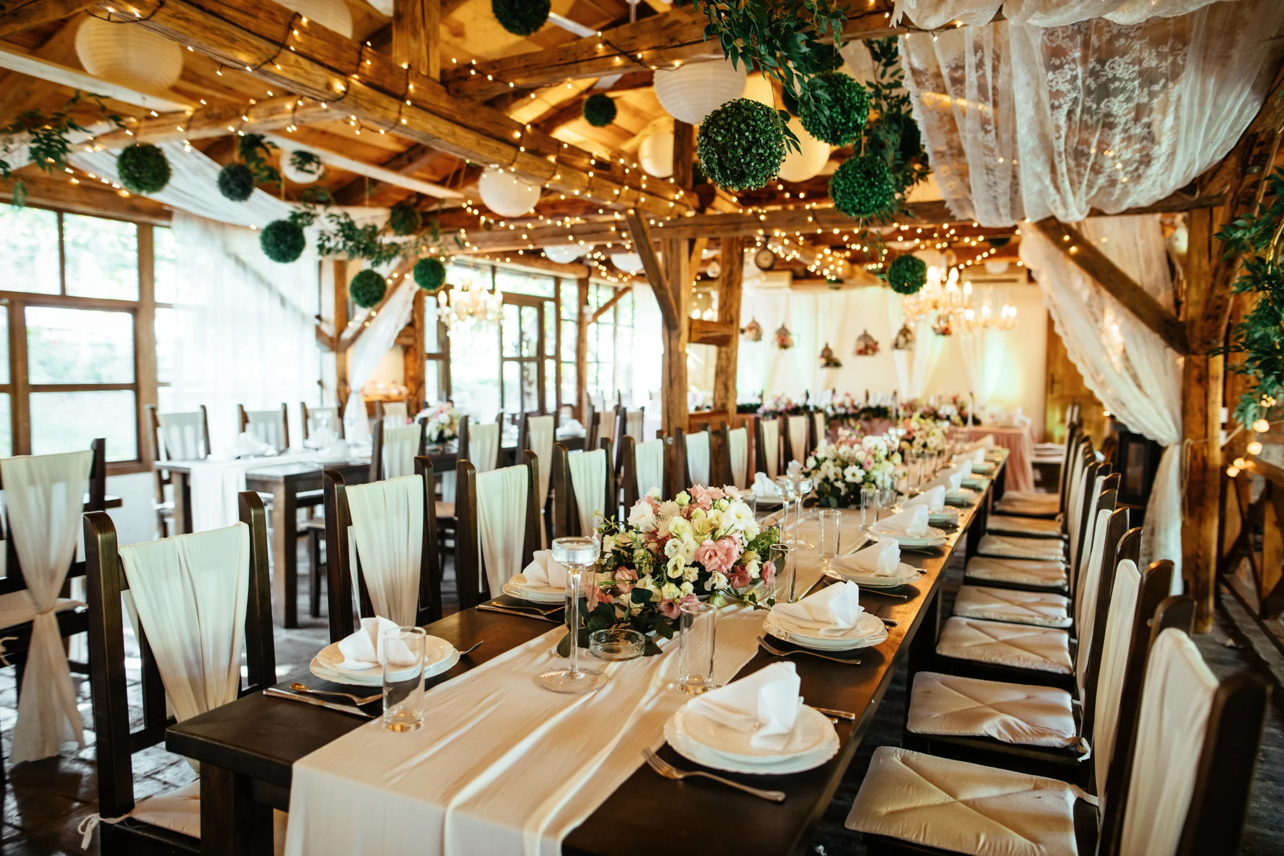 Rustic decorated indoors wedding venue