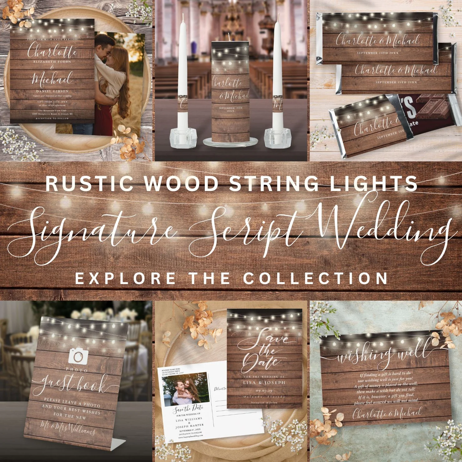 Rustic Wood String Lights Signature Script Wedding Collection