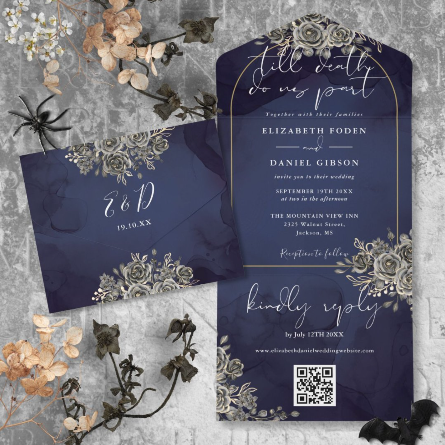 Navy blue and gold all in one wedding invitation