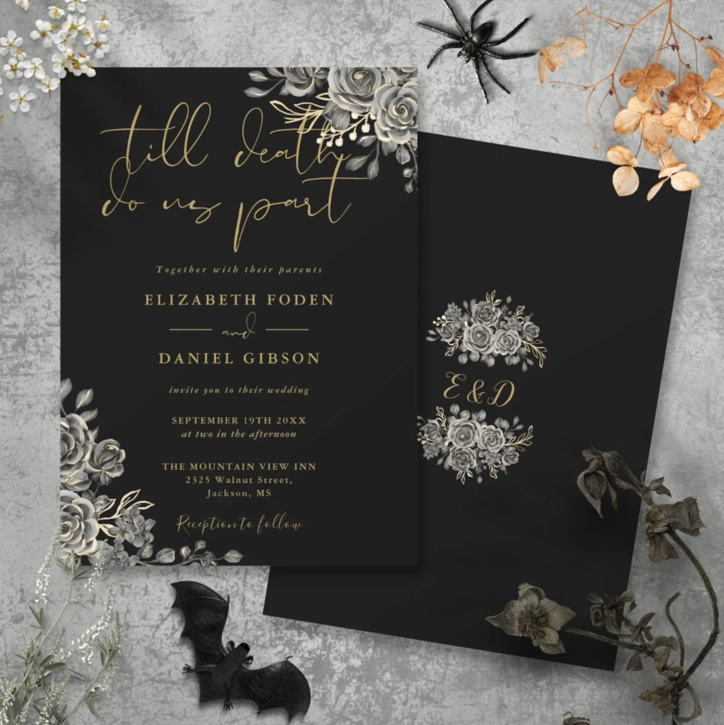 Black and gold roses gothic wedding invitation