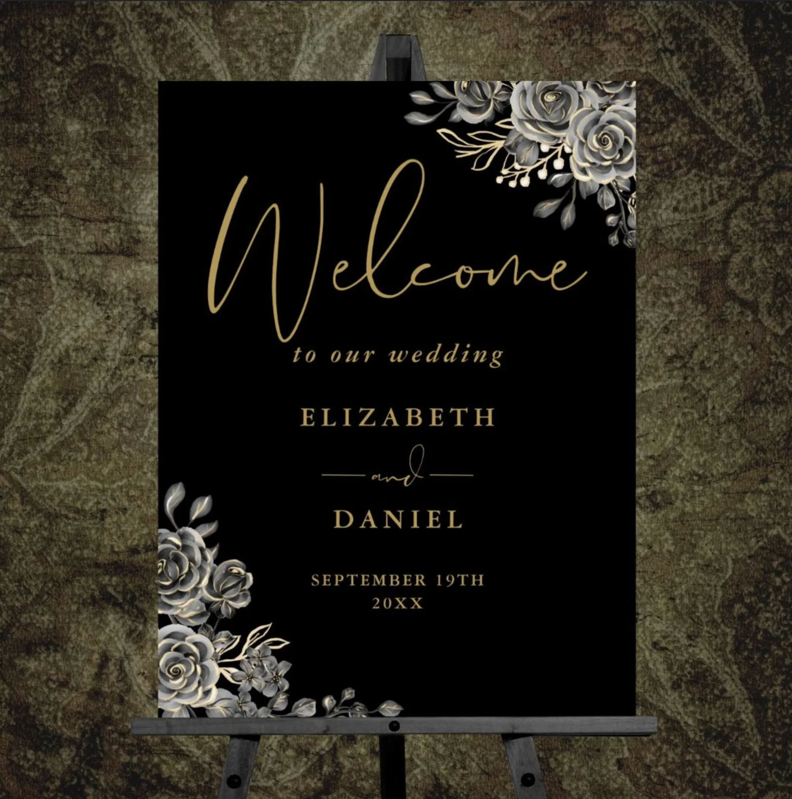 Black and gold gothic roses wedding welcome sign