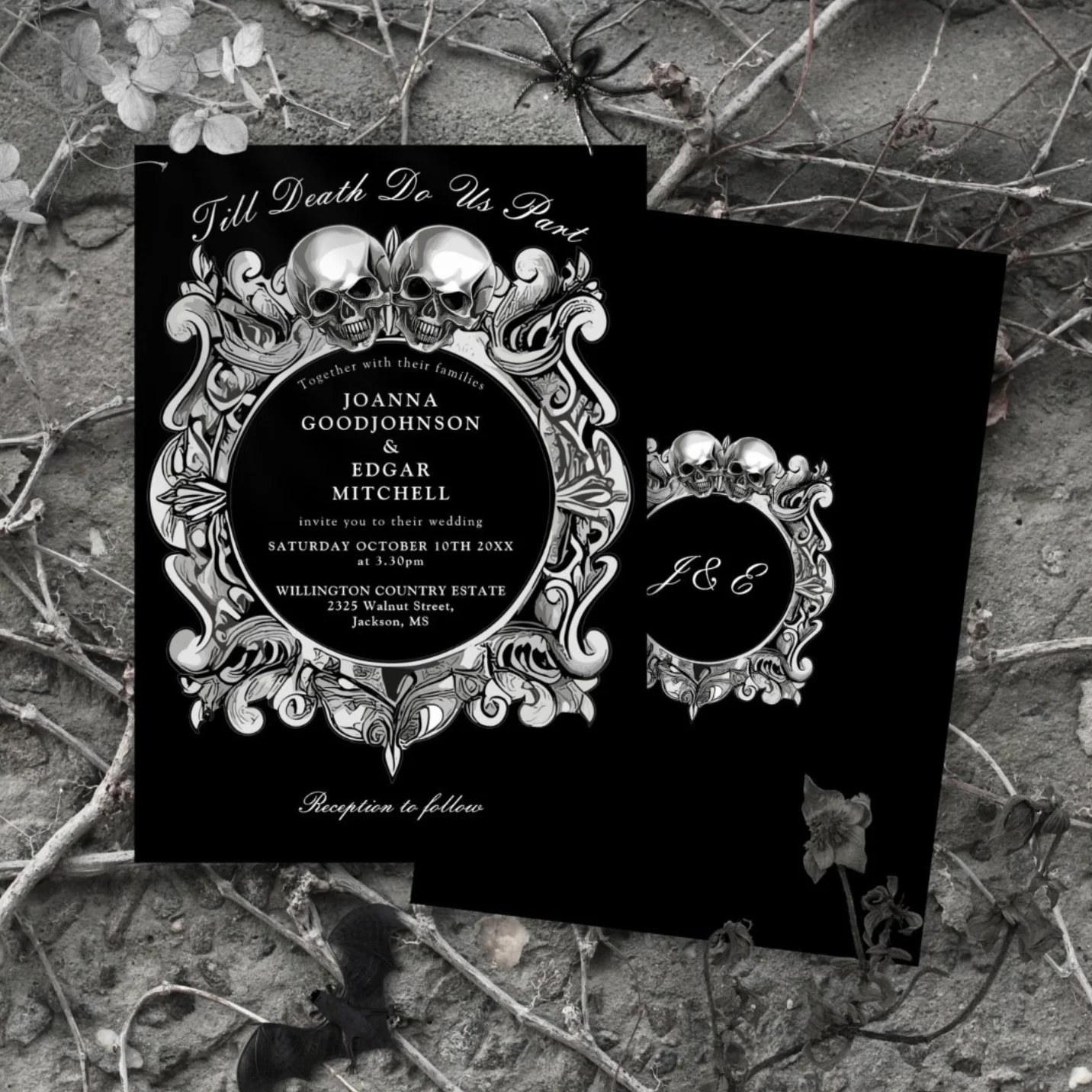 Black and white gothic skulls wedding invitation