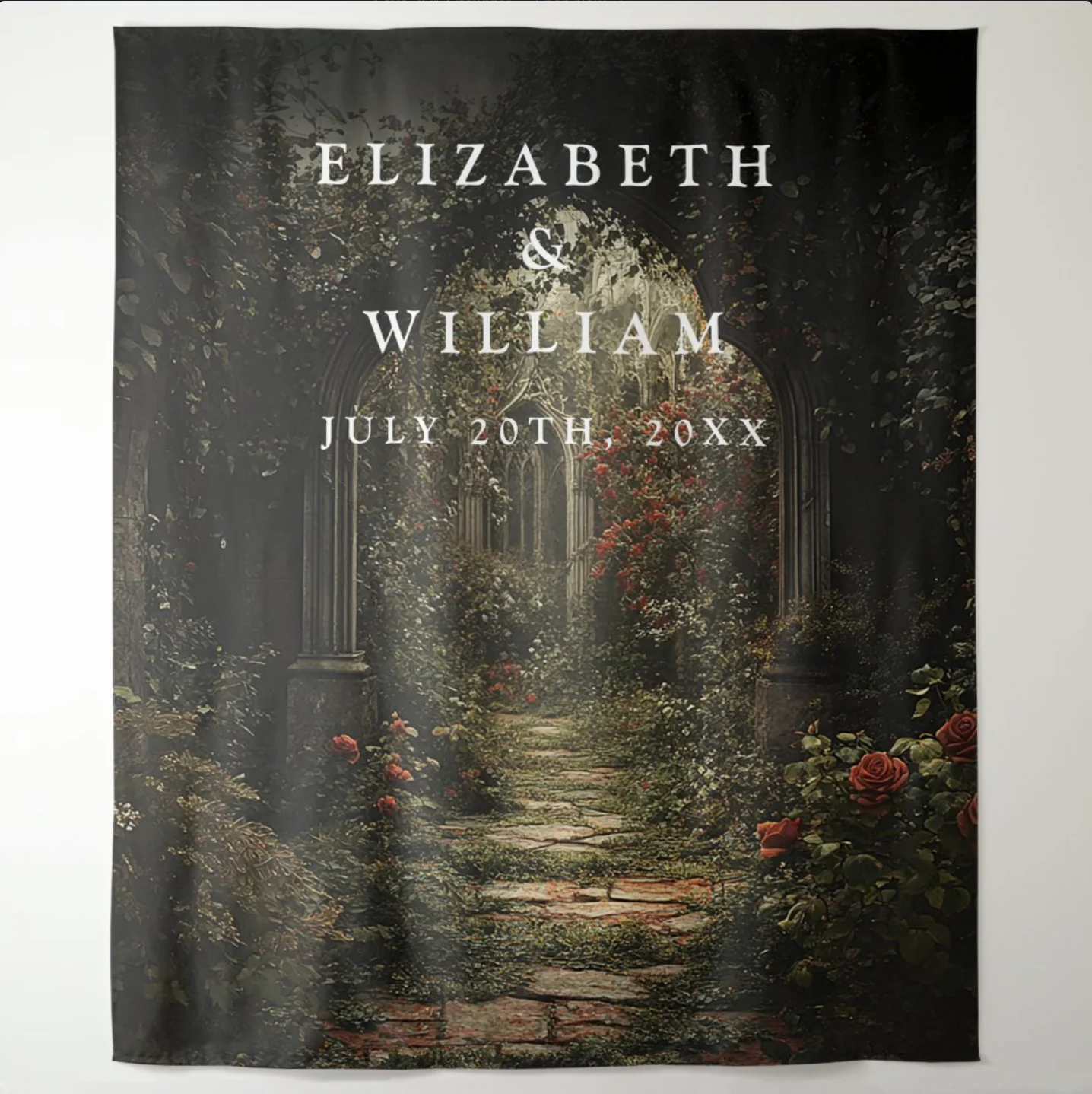 Personalized gothic garden wedding photo booth back drop