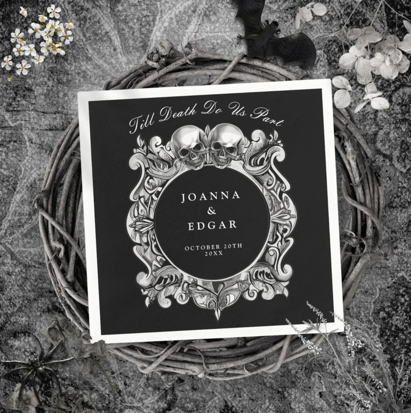 Black and white skulls gothic wedding napkins
