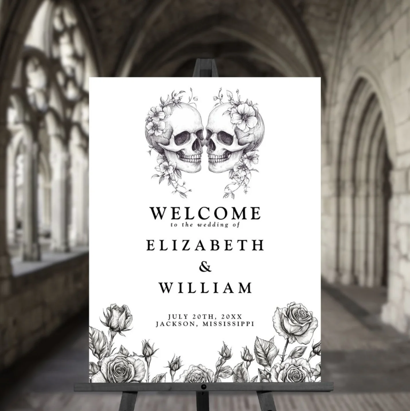 Black and white gothic skulls wedding welcome sign