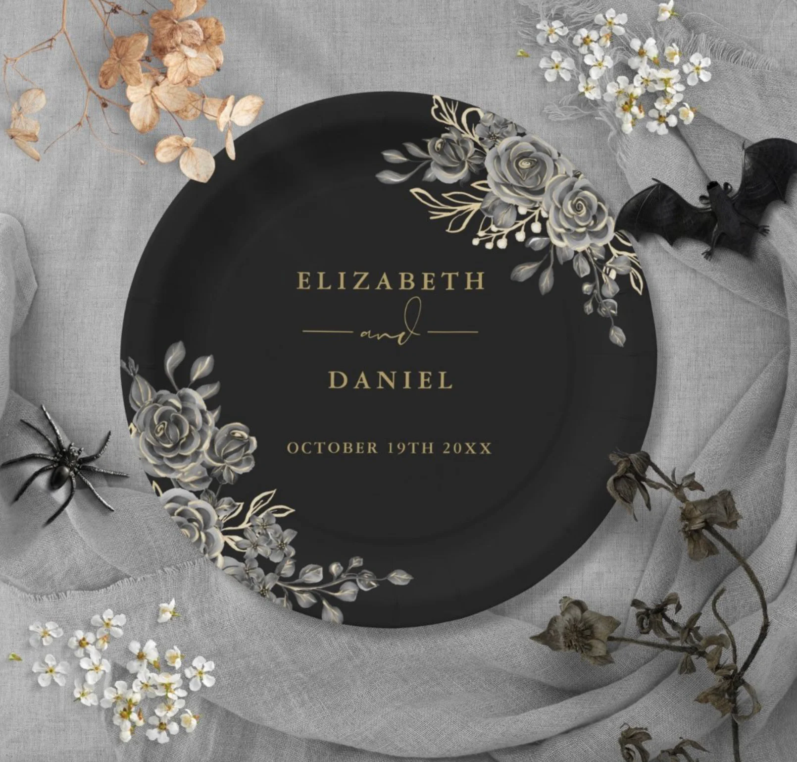 Black and gold roses wedding paper plates