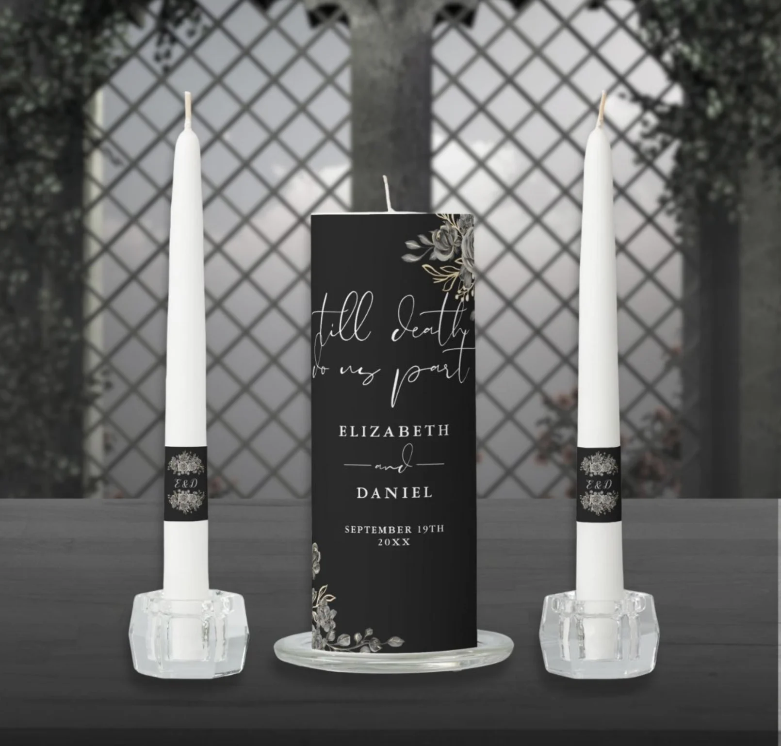 Black and white gold roses gothic wedding candles