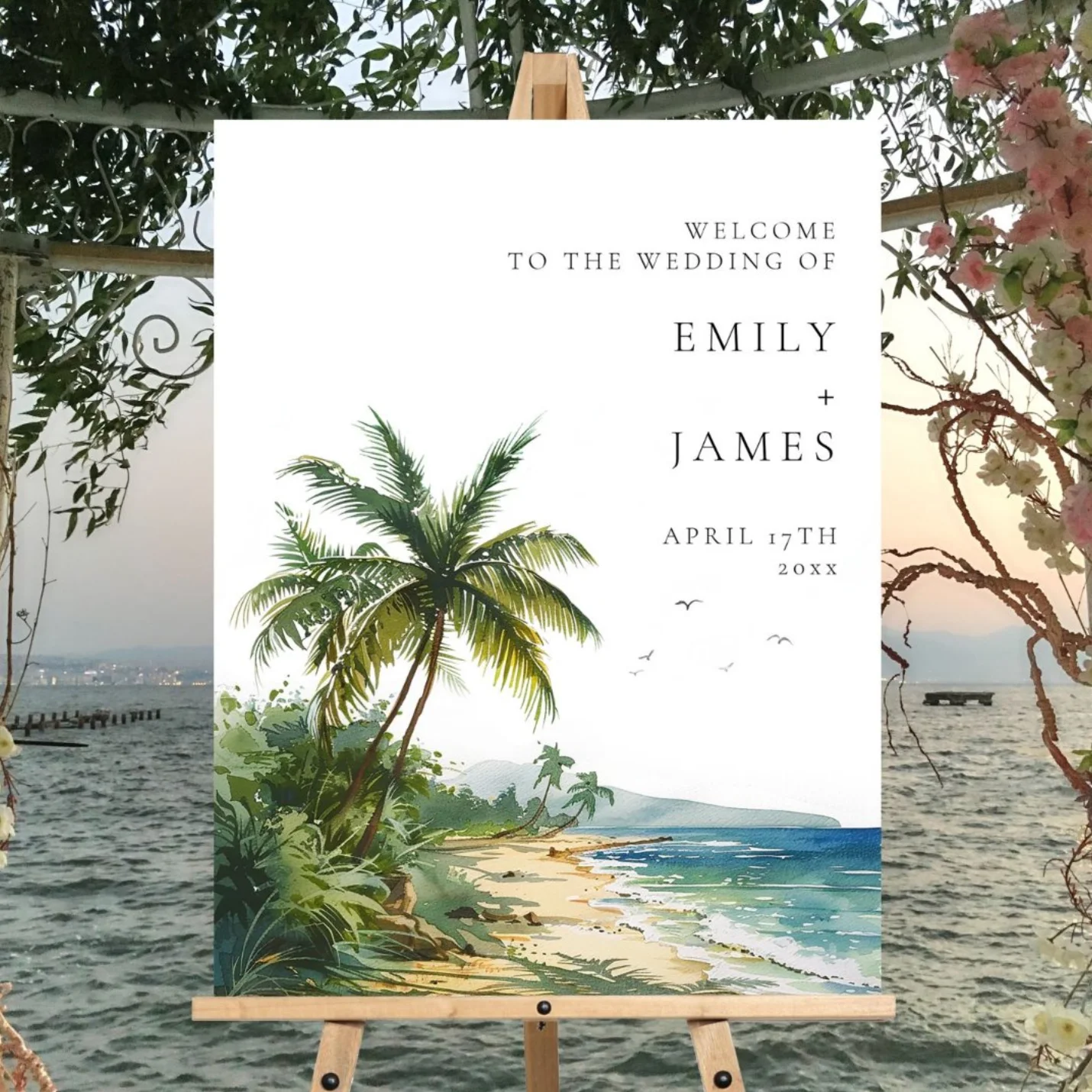 Watercolor beach scene wedding welcome sign