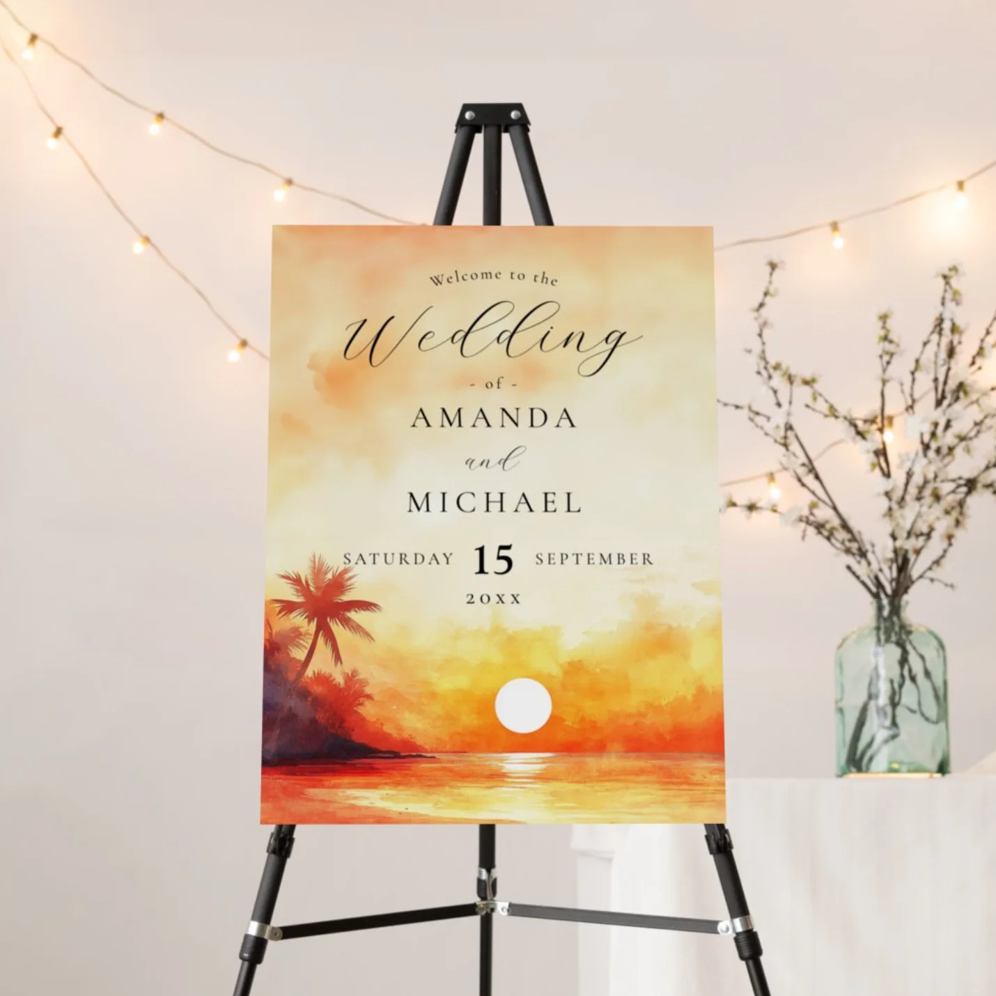 Sunset beach scene wedding welcome sign