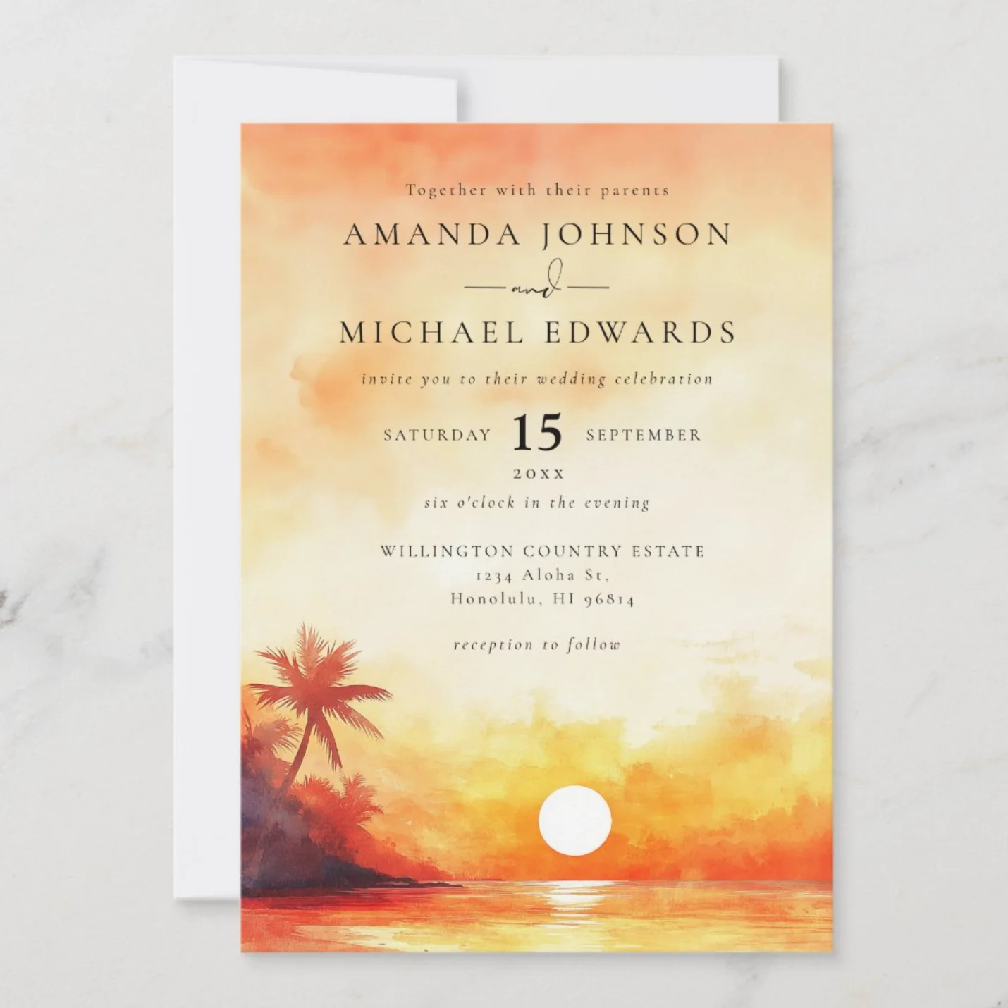 Sunset beach scene wedding invitation