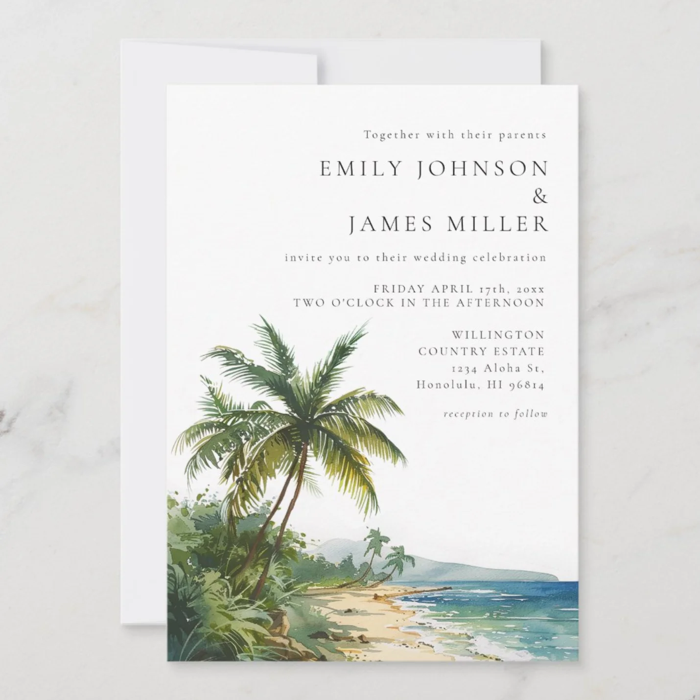 Watercolor tropical beach scene wedding invitation
