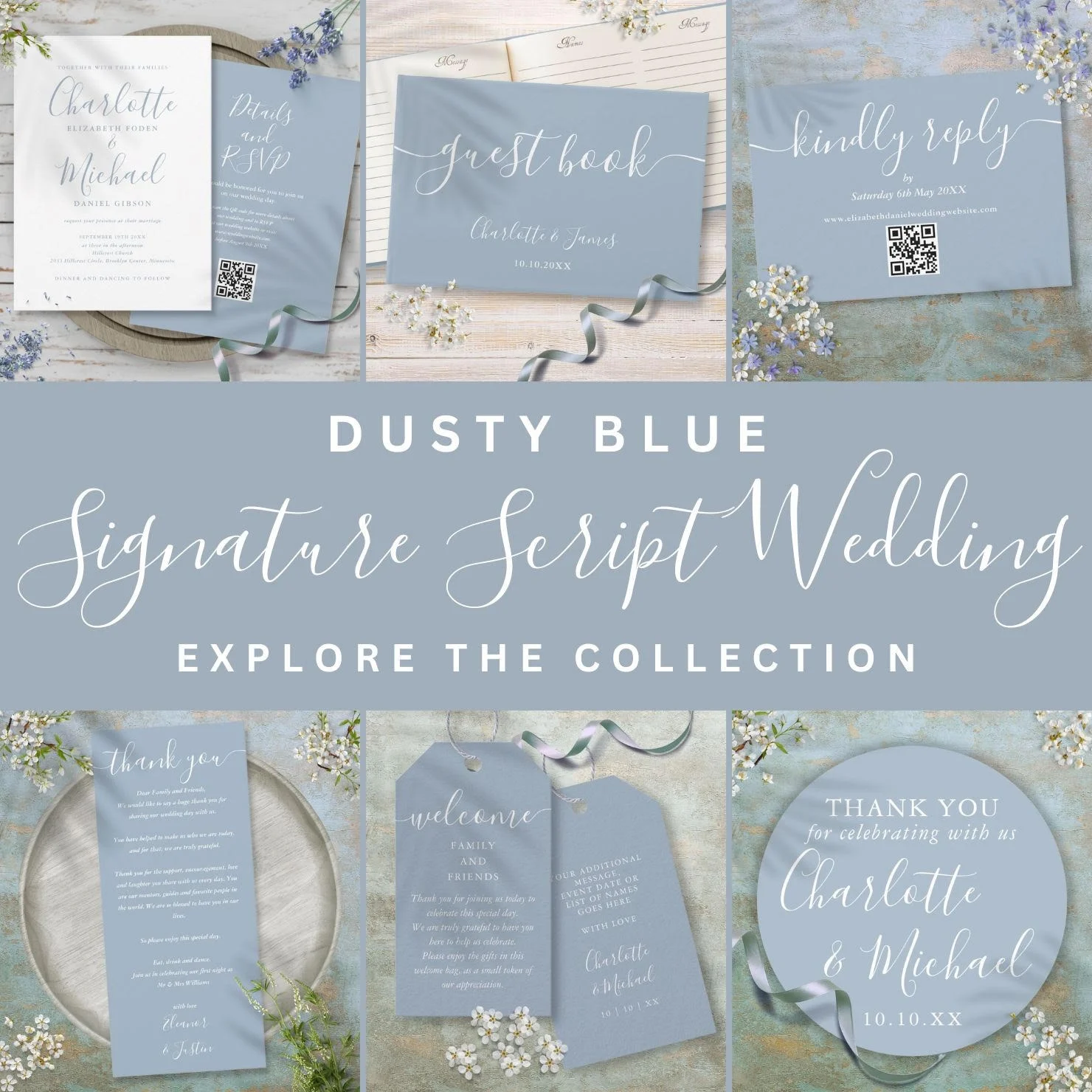 Dusty blue signature script wedding collection