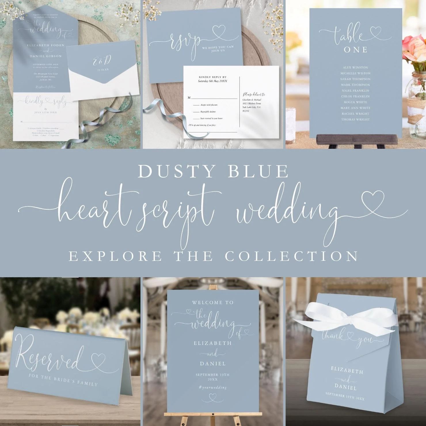 Dusty blue heart script wedding collection