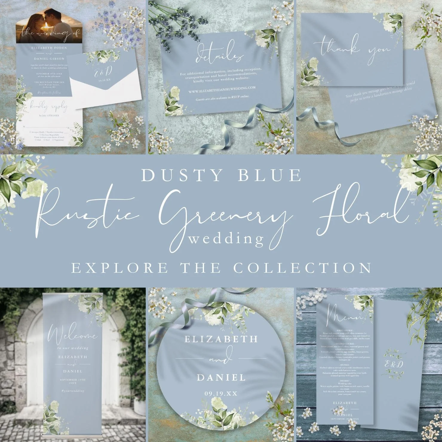 Dusty blue greenery floral wedding collection