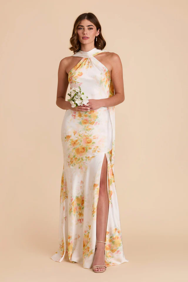 Eileen Dress Matte Satin White Blurred Floral