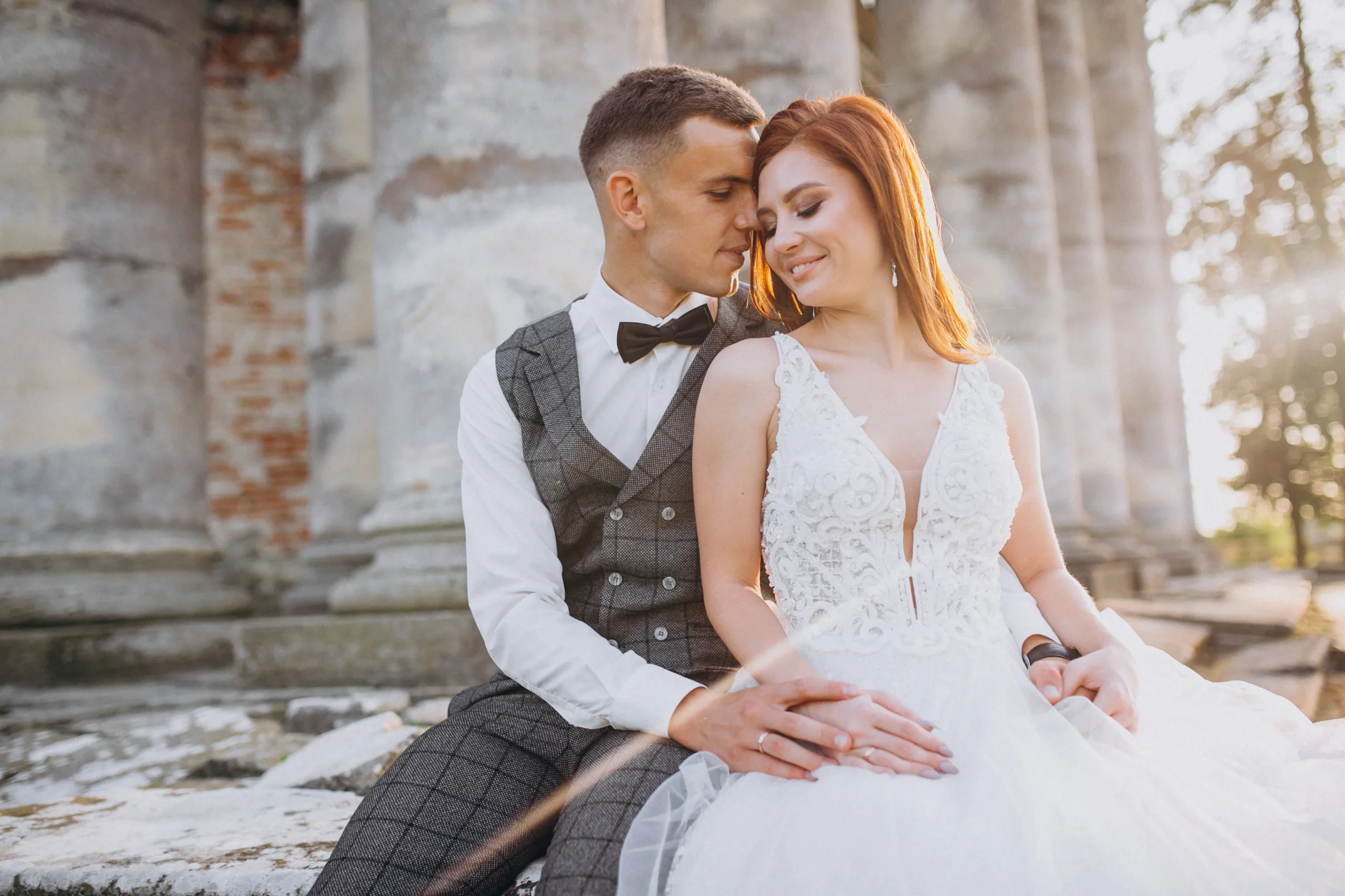 Young couple outdoor wedding photo