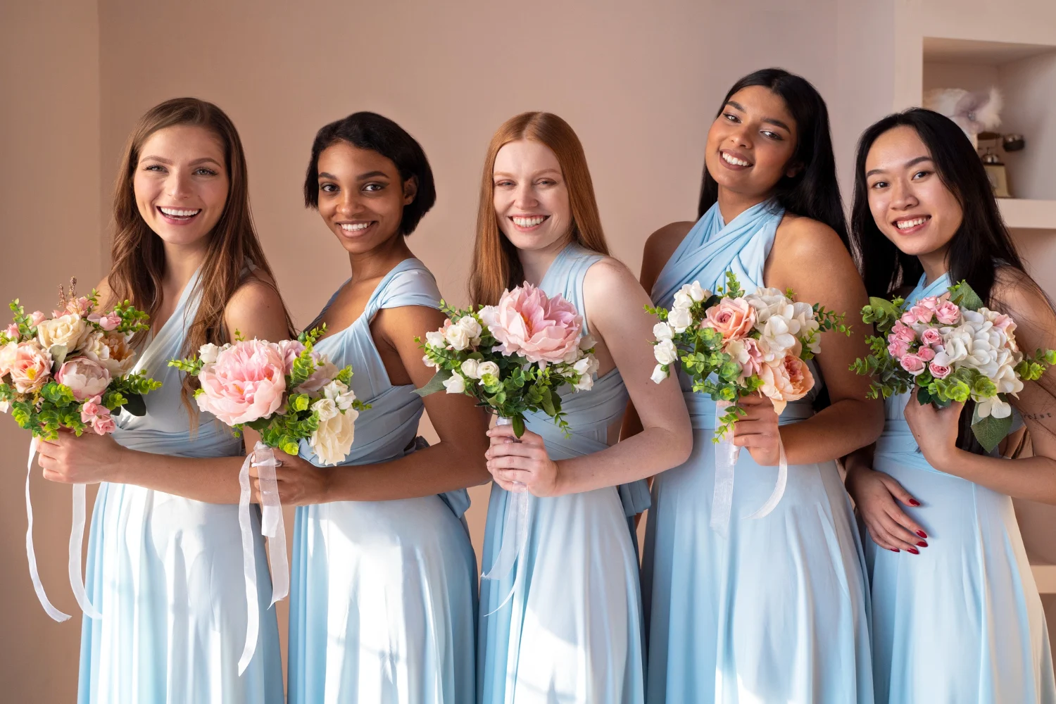 Women wearing blue bridesmaid dresses